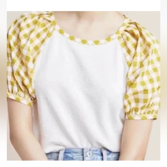 Anthropologie White And butter Yellow Gingham Blair Top small blouse cottagecore - Picture 4 of 13
